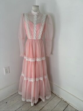Vintage 1970s Pink Flocked Polka Dot Maxi Prairie Dress Size 6